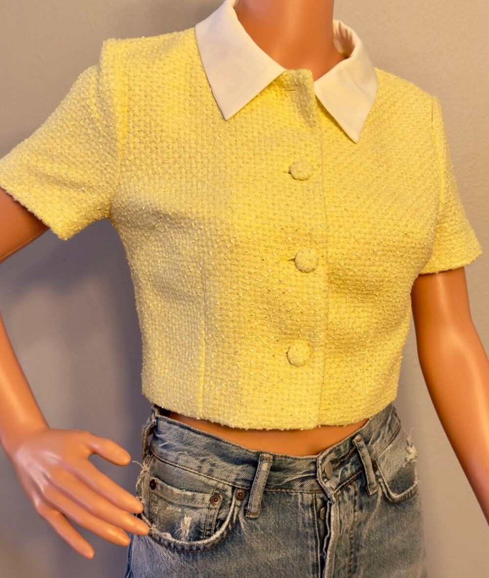 Endless Rose Women's Yellow Collared Combination Tweed Cropped Top Sz S Versatil